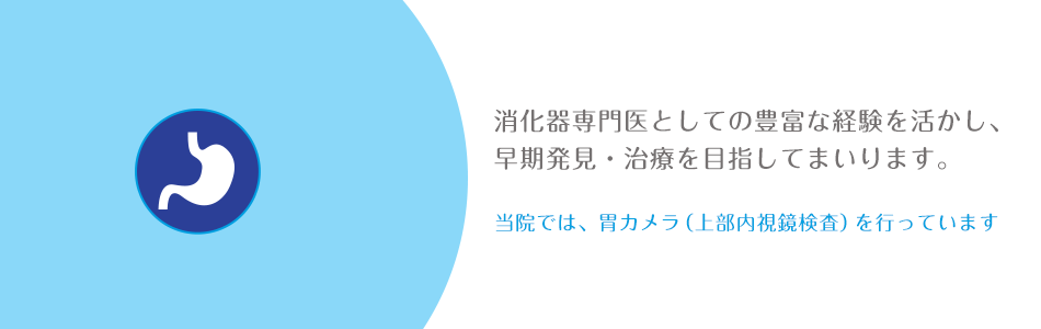 消化器専門医としての豊富な経験を活かし、 早期発見・治療を目指してまいります。 当院では、胃カメラ（上部内視鏡検査）、 大腸カメラ（下部内視鏡検査）を行っています